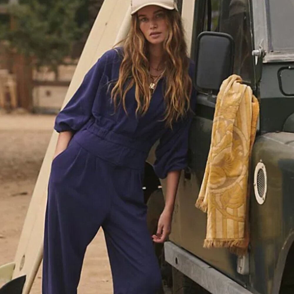 Free People Navy Blue Long-Sleeve Jumpsuit